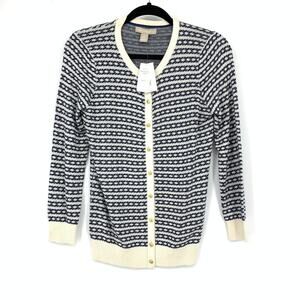 Banana Republic Cardigan Sweater Womens Size MT Navy Blue Cream Silk Blend NEW